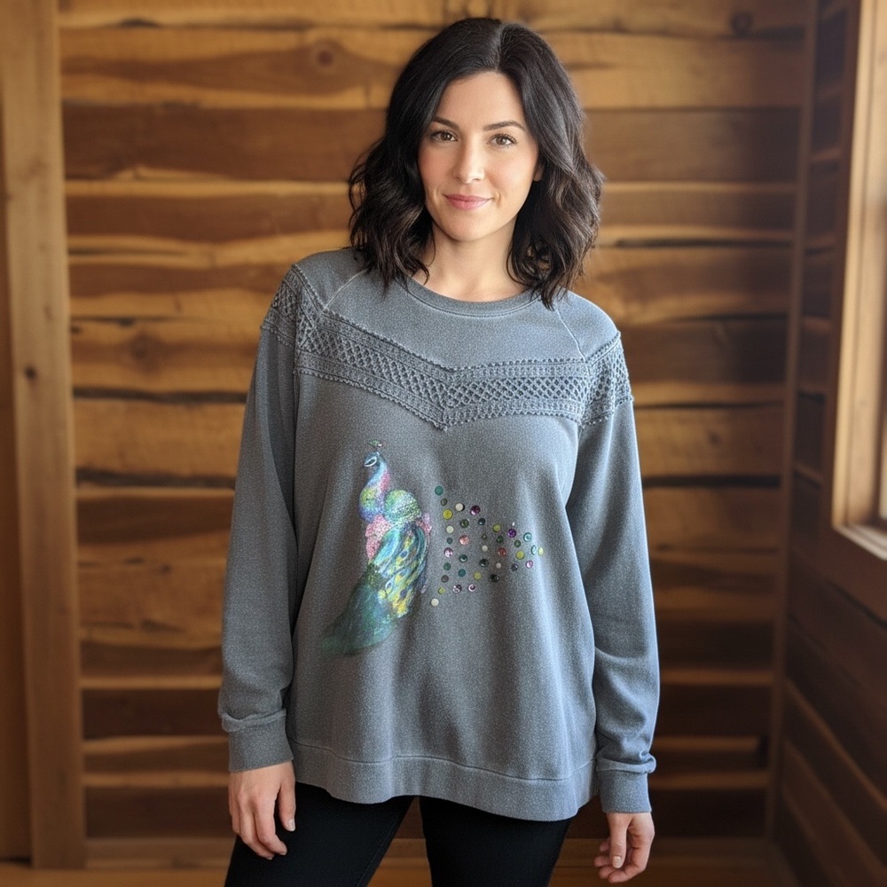 a.n.a Gray Sweater with Colorful Peacock Design